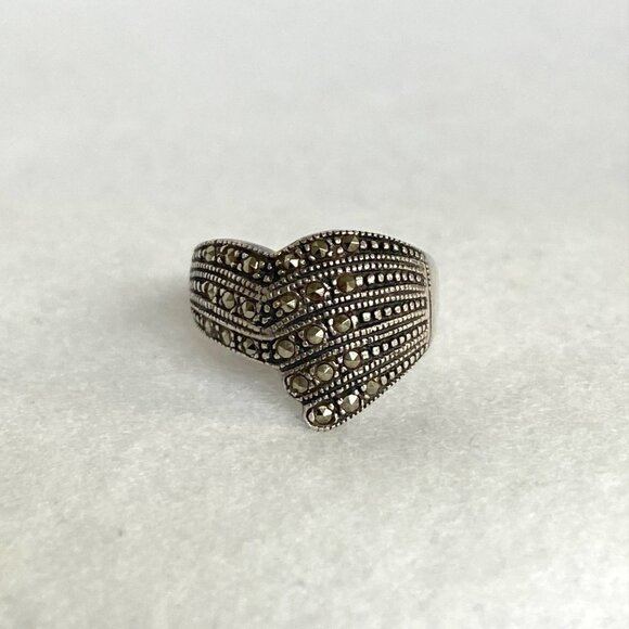 Sterling Silver 925 Art Deco Style Marcasite Asymmetric Wide Band Ring Sz 6.5 - Picture 4 of 16